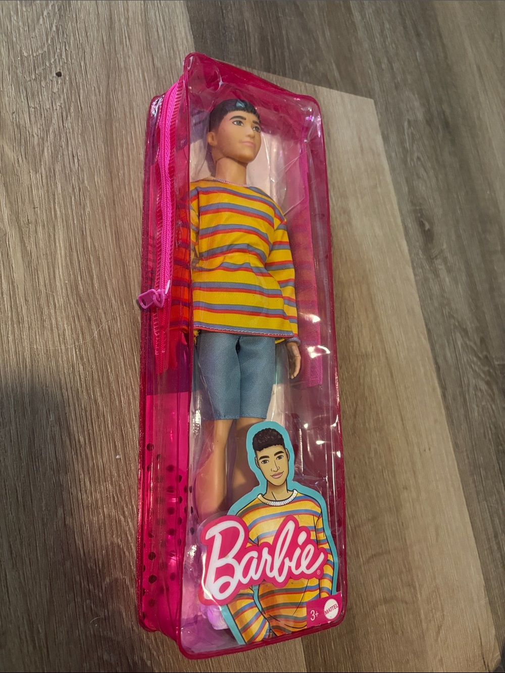 Barbie Doll in Pink Clear Carry Case with Yellow & Blue Striped Shirt
